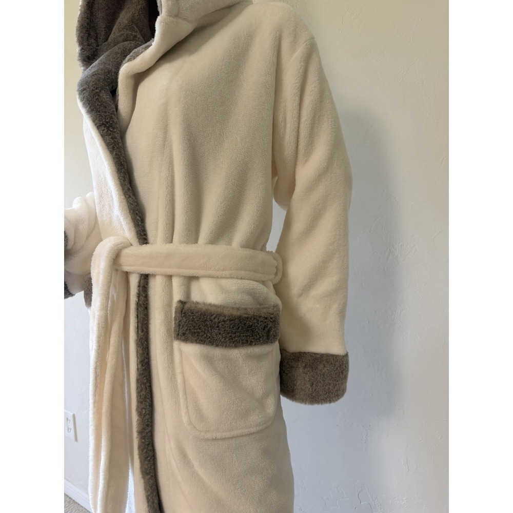 Soft White And Gray Plush Fleece Hooded Robe S/M Women's Fur Trim Belted Pockets - Picture 3 of 13